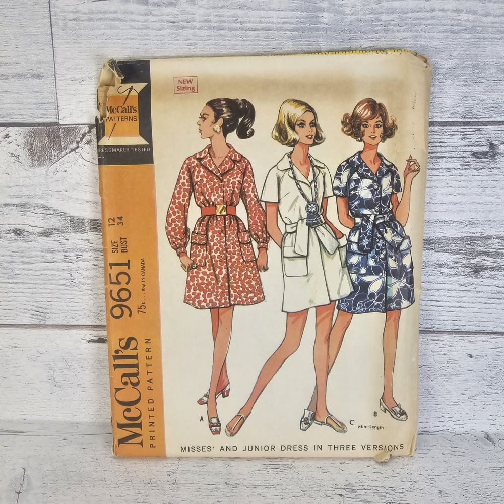 VTG 1969 UNCUT PATTERN McCALLS 9651 Sz 12 Womens MOD Belted Dresses FF 1960s